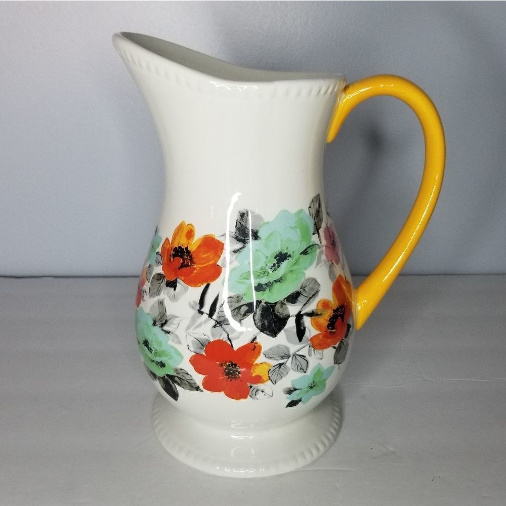 Pioneer Woman pitcher floral white base yellow handle